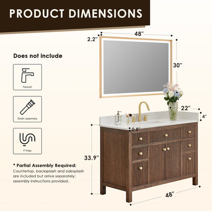 Single Bathroom Vanity in Brown Oak Grain White Engineered Stone Countertop
