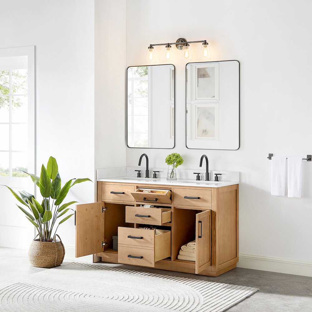 54" Double Bathroom Vanity in Light Brown with Grain White