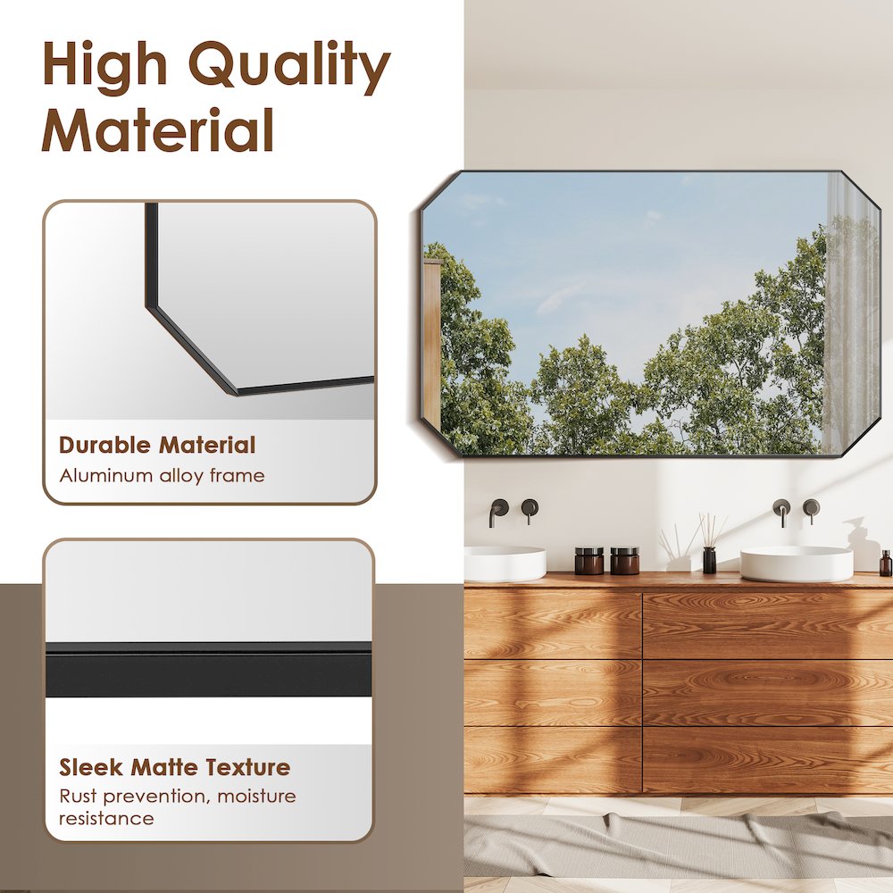 48"x30" Octagon Aluminum Framed in Matte Black Modern Bathroom Wall Mirror