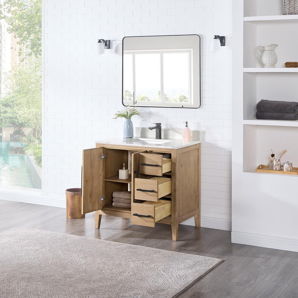 Single Bathroom Vanity in Weathered Fir with Stone Countertop with Mirror