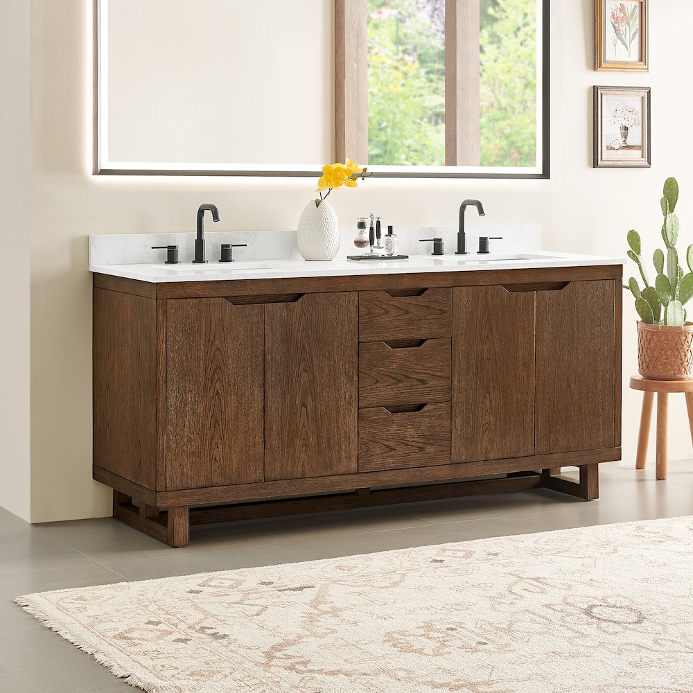 72" Double Bathroom Vanity in Brown Brushed Oak with Grain White