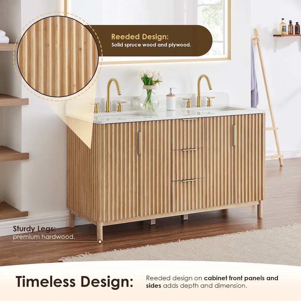 Double Bathroom Vanity in Washing Light Brown Grain White Engineered Stone