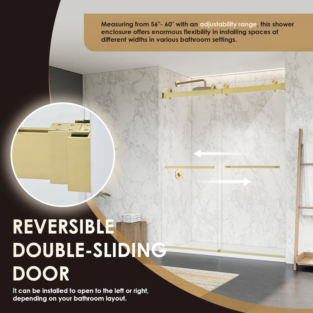 Frameless Exposed Roller Shower Door in Brushed Gold with Clear Glass