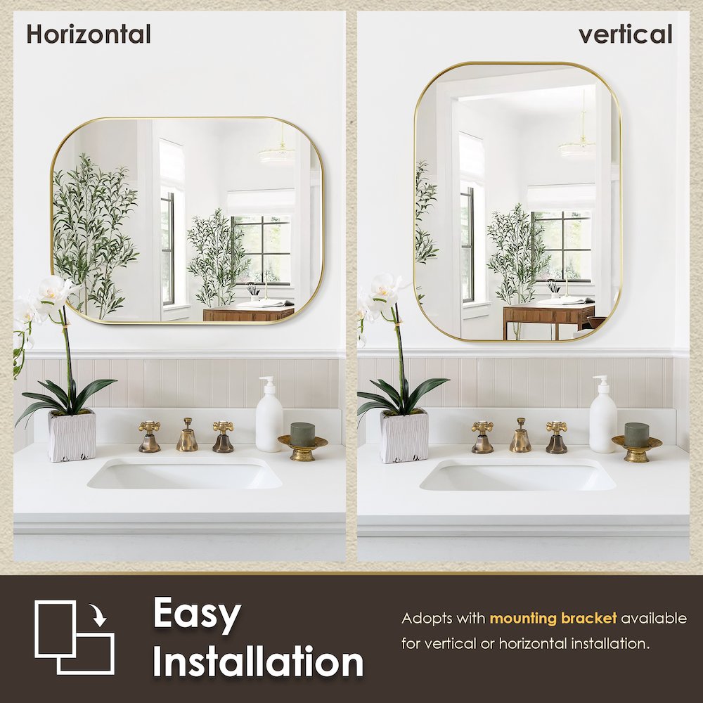 24x32" Rectangular Aluminum Framed in Brushed Gold Modern Bathroom Wall Mirror