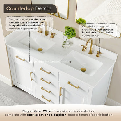 54" Double Bathroom Vanity in White with Grain White