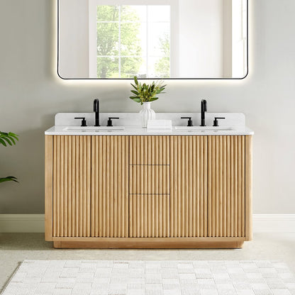 60" Double Bathroom Vanity in Washed Light Brown with Grain White