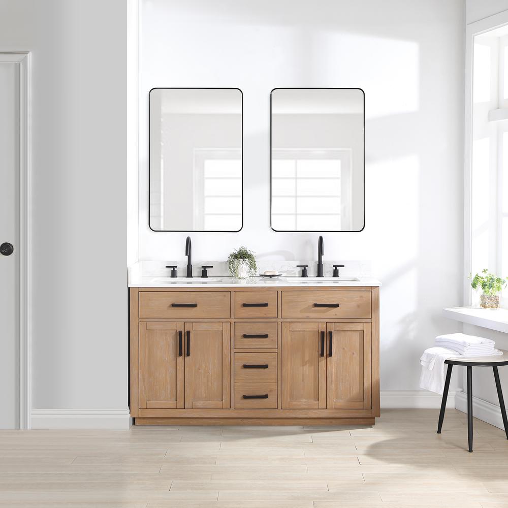 60" Double Bathroom Vanity in Light Brown with Mirror