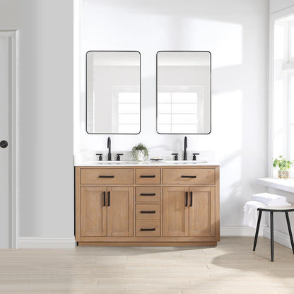 60" Double Bathroom Vanity in Light Brown with Mirror