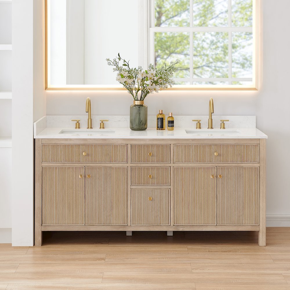 Double Bathroom Vanity in Nature Oak Grain White Engineered Stone Countertop