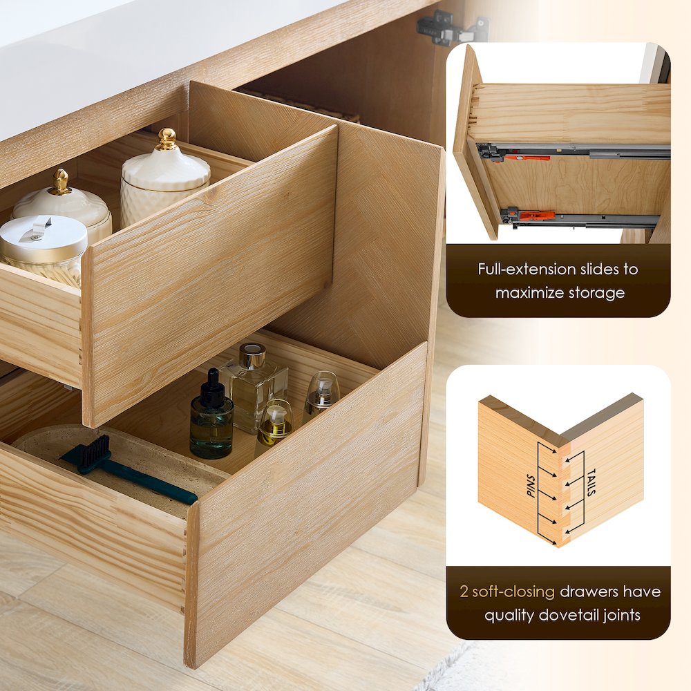 Double Bathroom Vanity in Light Brown White Artificial Drop-in Sink