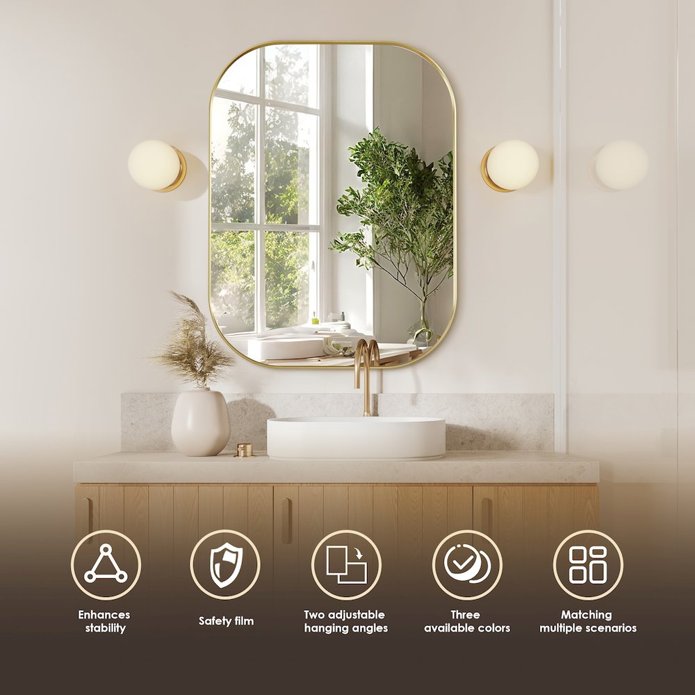 24x32" Rectangular Aluminum Framed in Brushed Gold Modern Bathroom Wall Mirror