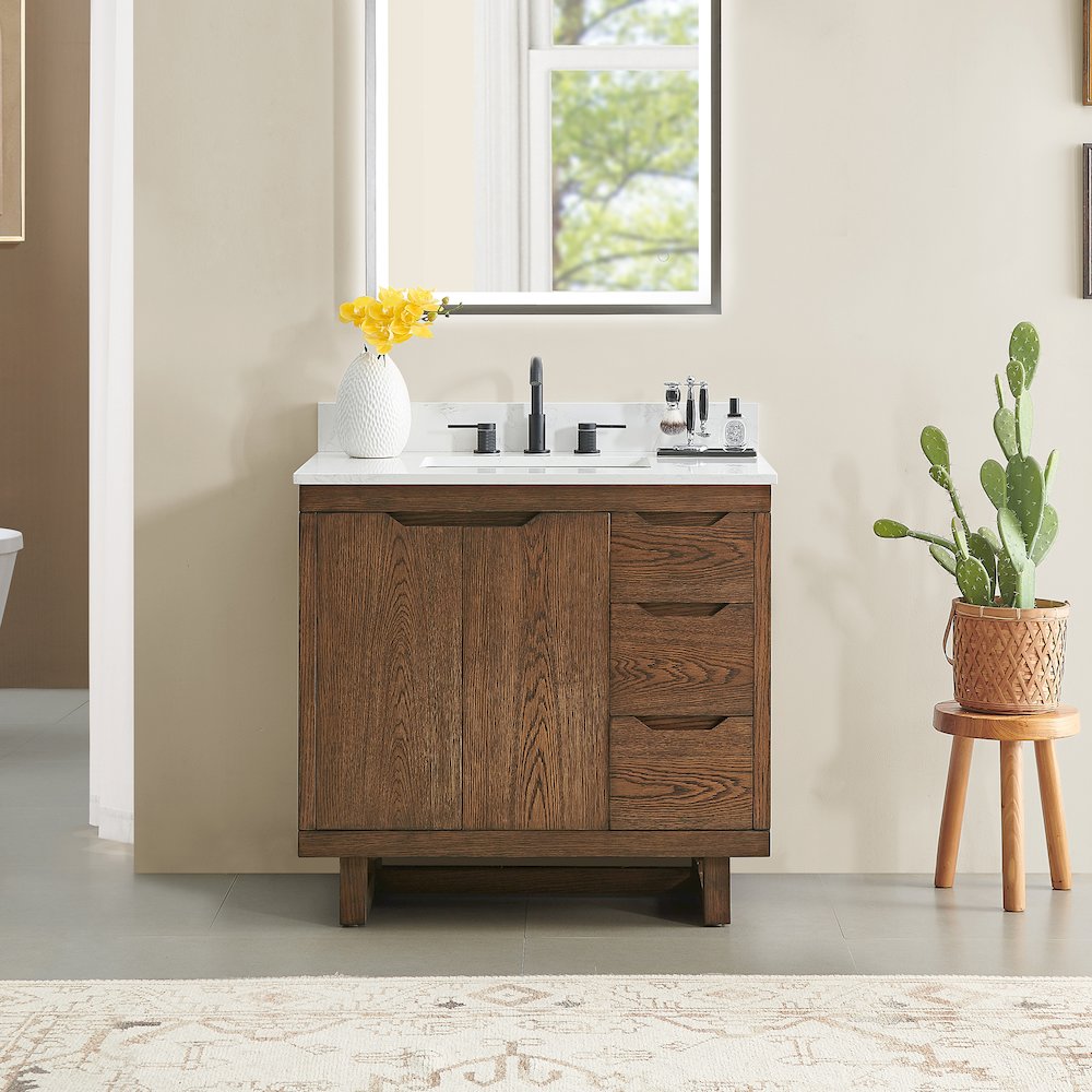 36" Single Bathroom Vanity in Brown Brushed Oak with Grain White