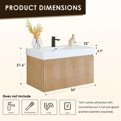Single Bathroom Vanity in Light Brown White Artificial Drop-in Sink