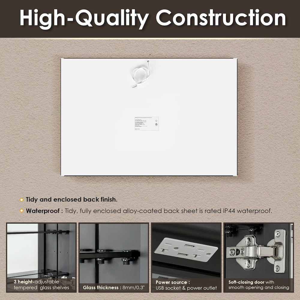 48"x32" Rectangular Bathroom Black Aluminum Mirror Medicine Cabinet