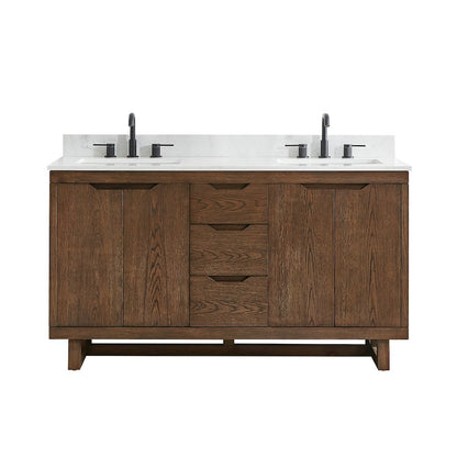 60" Double Bathroom Vanity in Brown Brushed Oak with Grain White