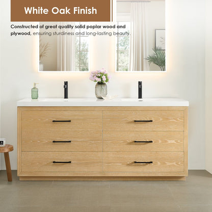 72" Double Bathroom Vanity in White Oak with White Artificial Drop-in Sink