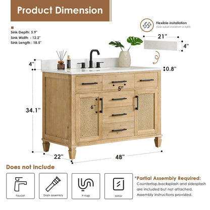 48" Single Bathroom Vanity in with Grain White Engineered Stone Countertop