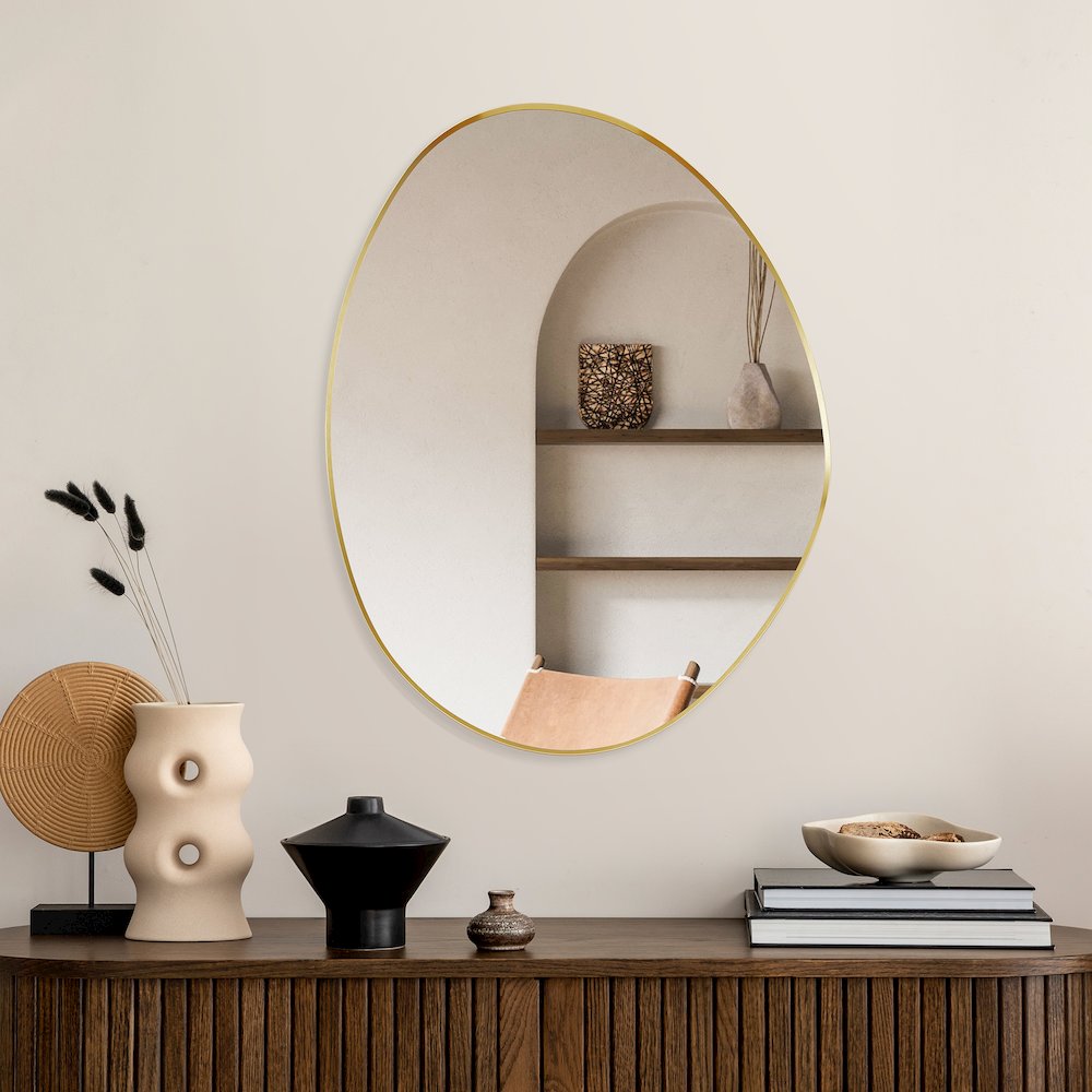 28"x36" Irregular Aluminum Framed in Brushed Gold Modern Bathroom Wall Mirror