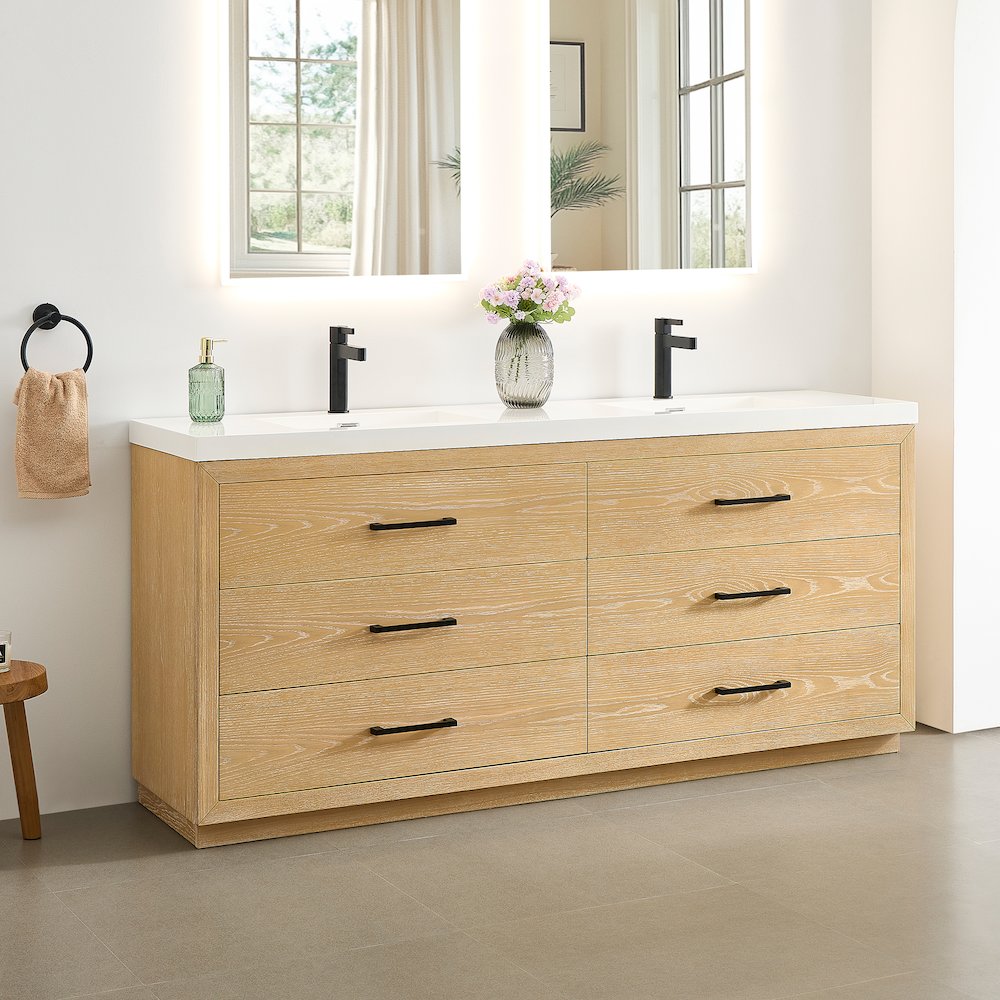 72" Double Bathroom Vanity in White Oak with White Artificial Drop-in Sink