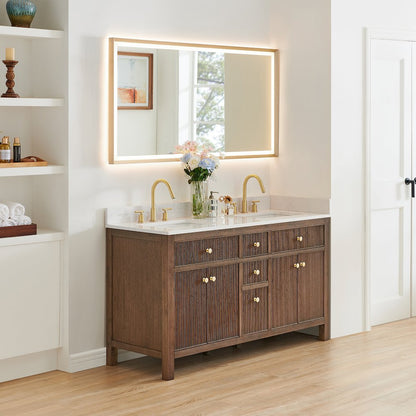 Double Bathroom Vanity in Brown Oak Grain White Engineered Stone Countertop