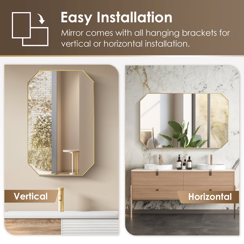 24"x36" Octagon Aluminum Framed in Brushed Gold Modern Bathroom Wall Mirror