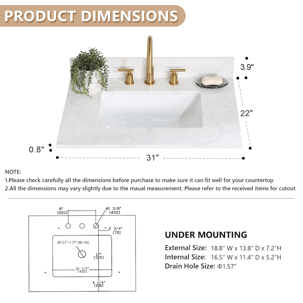 Ceres 31. in Engineered Stone Vanity Top in Grain White with Single White Sink