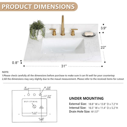Ceres 31. in Engineered Stone Vanity Top in Grain White with Single White Sink