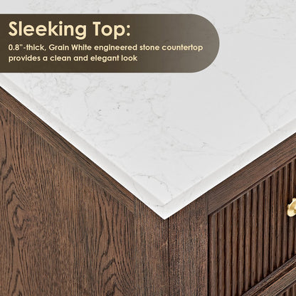 Single Bathroom Vanity in Brown Oak Grain White Engineered Stone Countertop