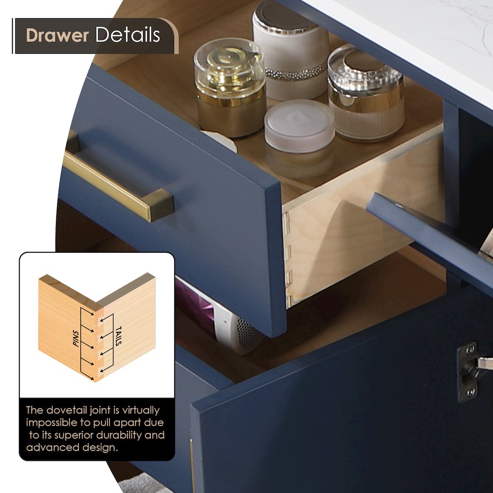54" Double Bathroom Vanity in Royal Blue with Grain White