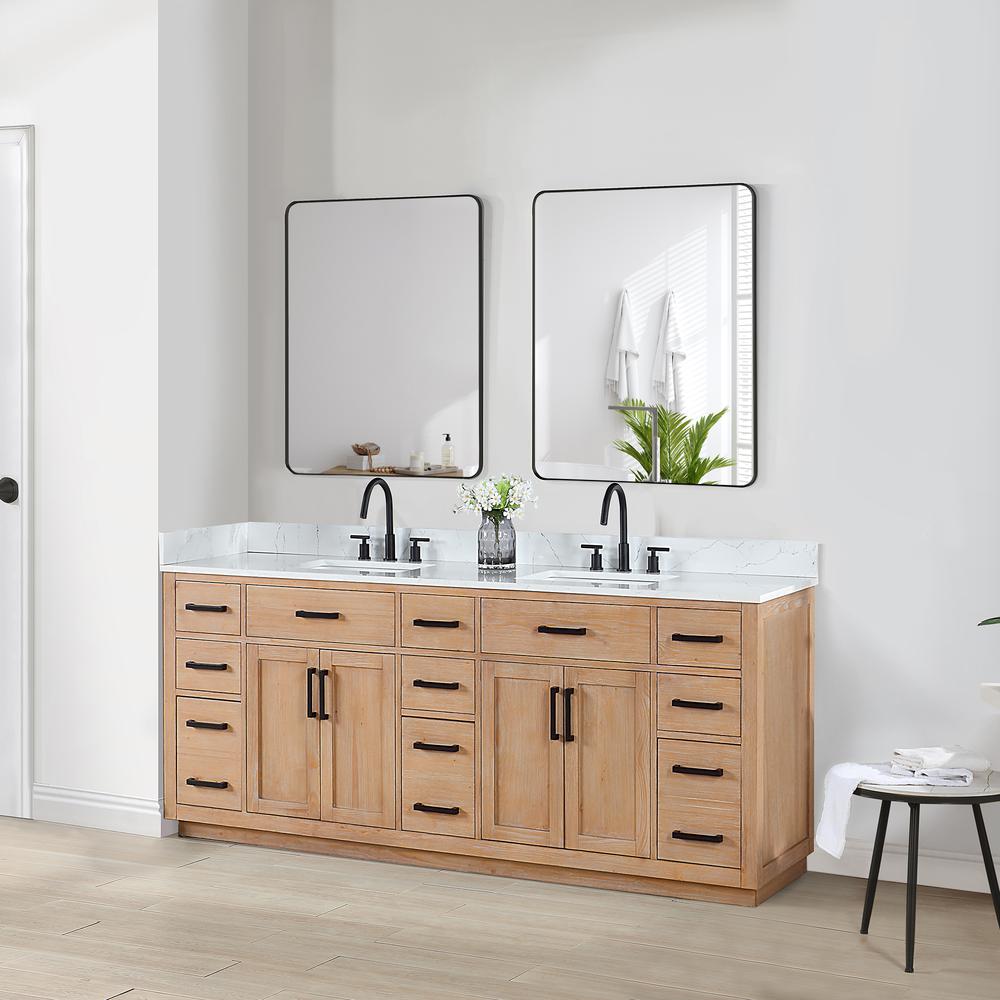 84" Double Bathroom Vanity in Light Brown with Mirror