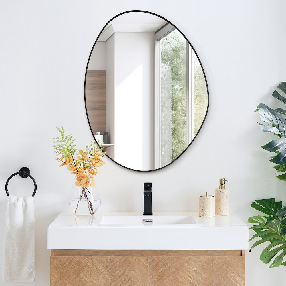 28"x36" Irregular Aluminum Framed in Matte Black Modern Bathroom Wall Mirror