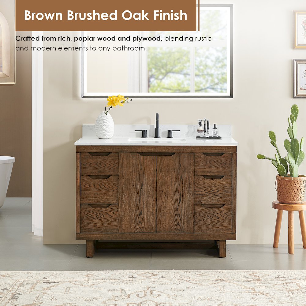48" Single Bathroom Vanity in Brown Brushed Oak with Grain White