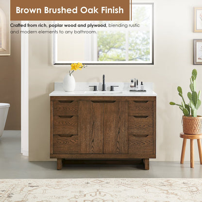 48" Single Bathroom Vanity in Brown Brushed Oak with Grain White