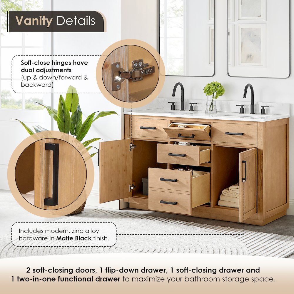 54" Double Bathroom Vanity in Light Brown with Grain White