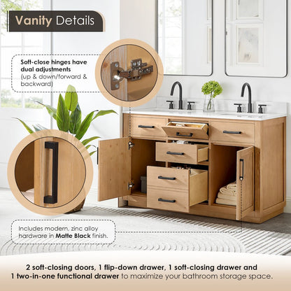 54" Double Bathroom Vanity in Light Brown with Grain White