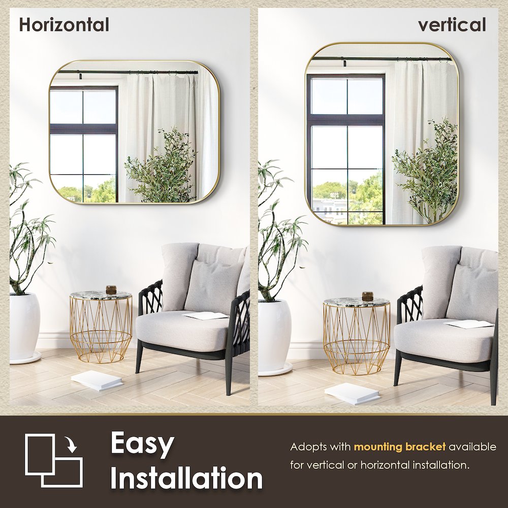 36x30" Rectangular Aluminum Framed in Brushed Gold Modern Bathroom Wall Mirror