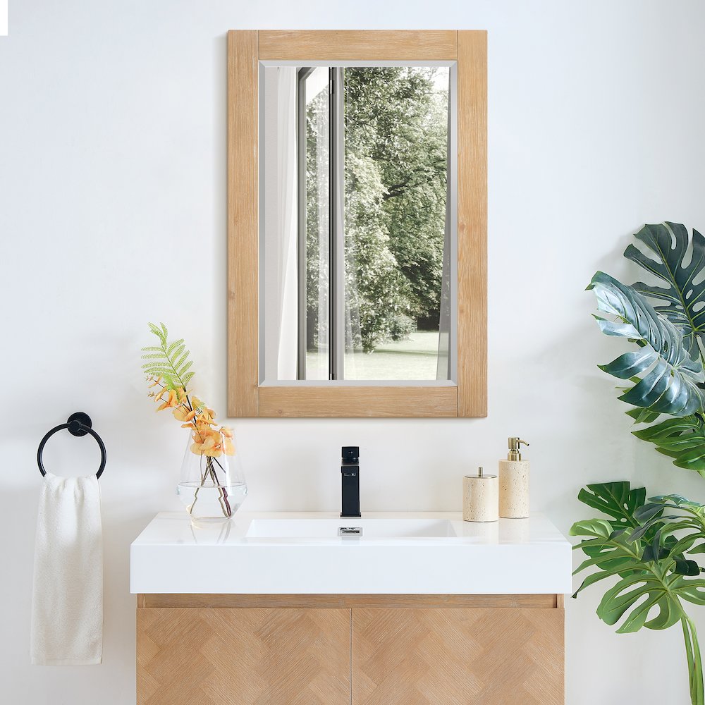 24" Rectangular Bathroom Wood Framed Wall Mirror in Light Brown