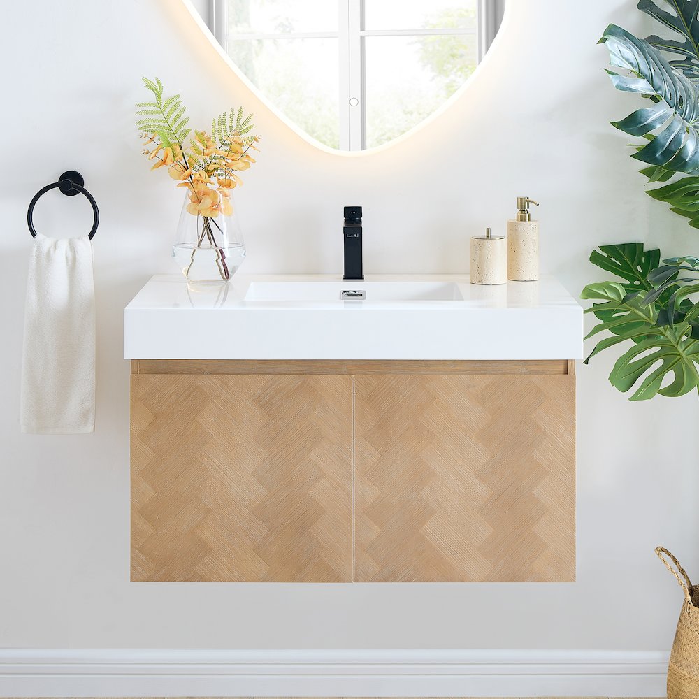 Single Bathroom Vanity in Light Brown White Artificial Drop-in Sink