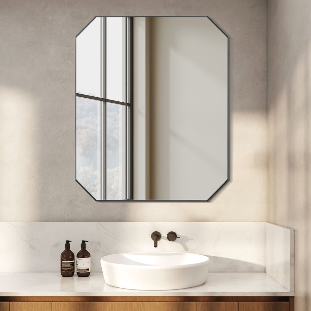 36"x30" Octagon Aluminum Framed in Matte Black Modern Bathroom Wall Mirror