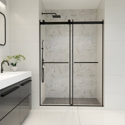 Frameless Exposed Roller Shower Door in Matte Black with Clear Glass