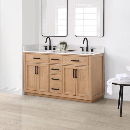 60" Double Bathroom Vanity in Light Brown without Mirror