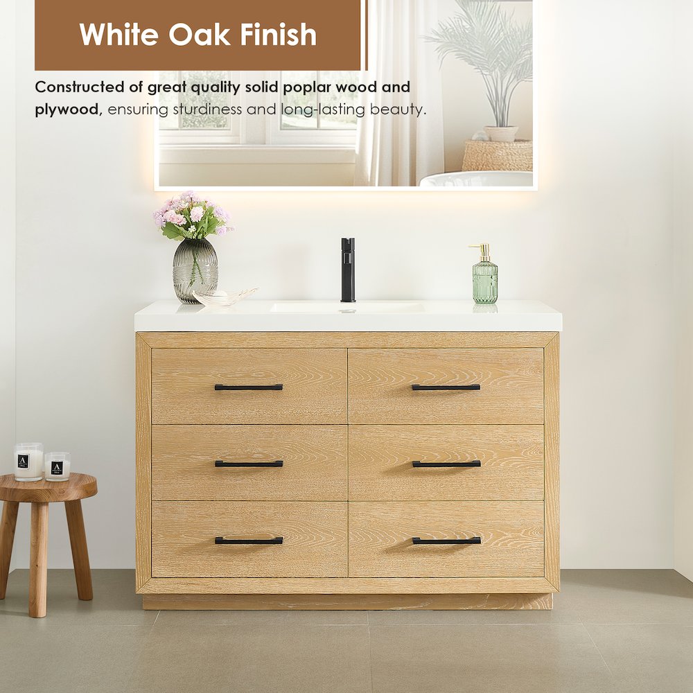 48" Single Bathroom Vanity in White Oak with White Artificial Drop-in Sink