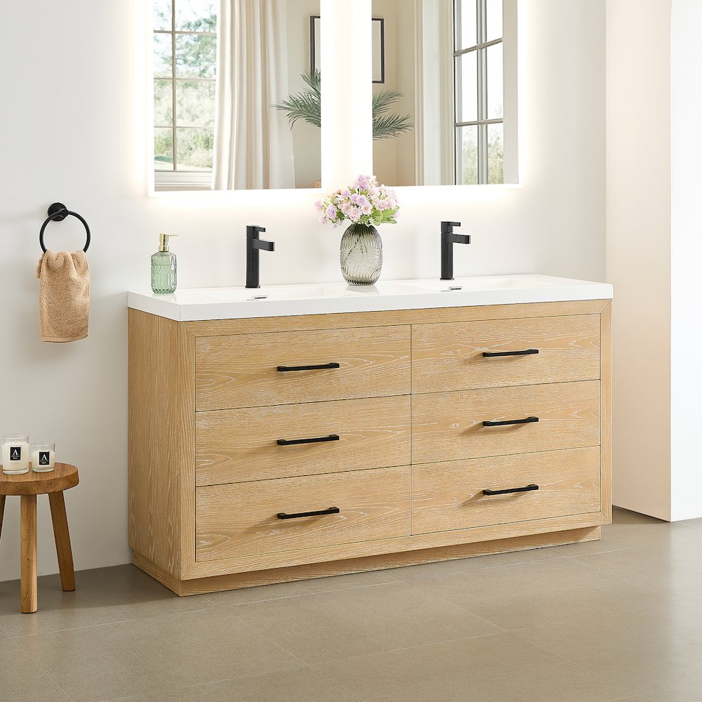 60" Double Bathroom Vanity in White Oak with White Artificial Drop-in Sink