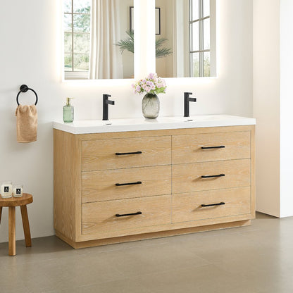 60" Double Bathroom Vanity in White Oak with White Artificial Drop-in Sink