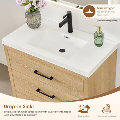 36" Single Bathroom Vanity in White Oak with White Artificial Drop-in Sink