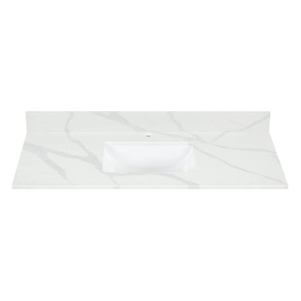 Arbios 48. in Quartz Stone Vanity Top in Calacatta White with White Sink