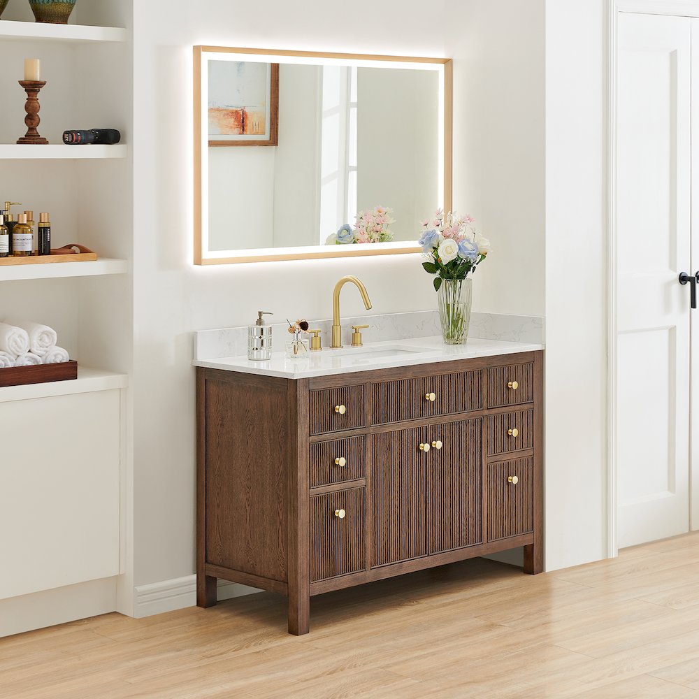 Single Bathroom Vanity in Brown Oak Grain White Engineered Stone Countertop