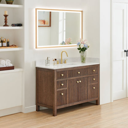 Single Bathroom Vanity in Brown Oak Grain White Engineered Stone Countertop