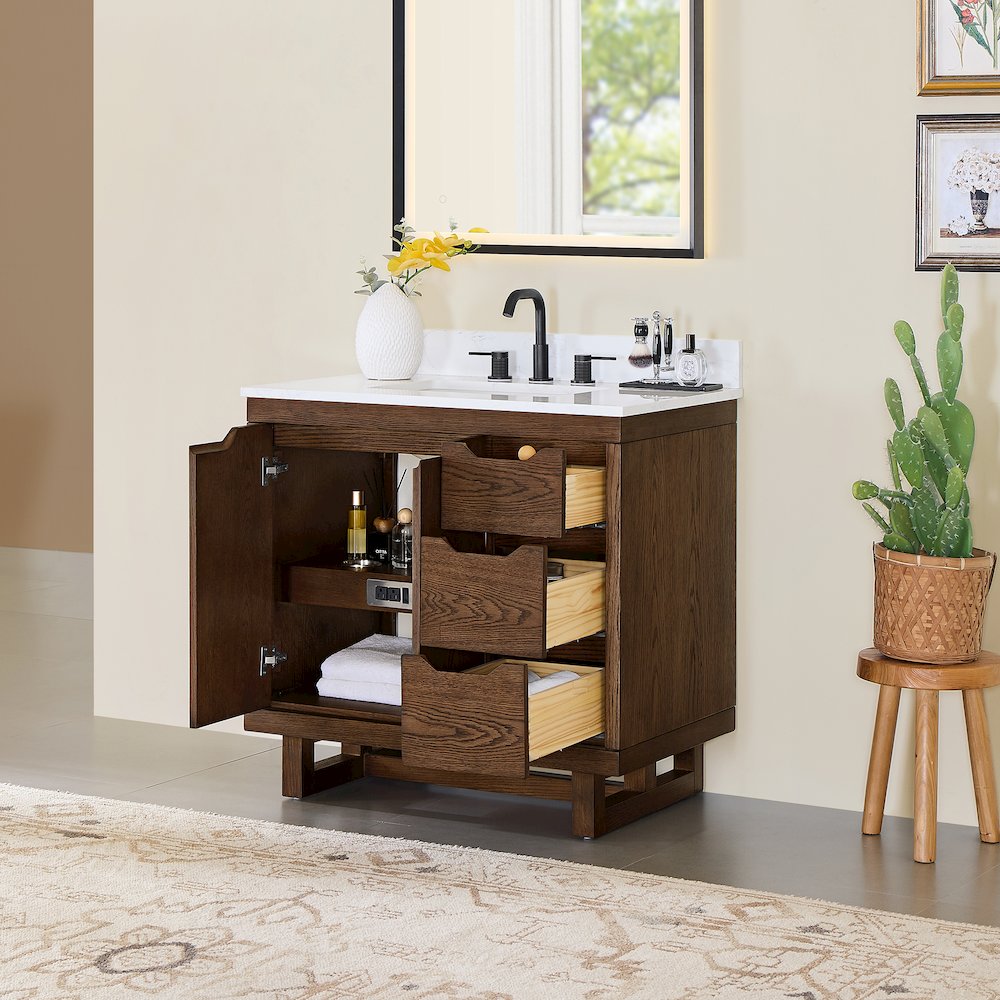 36" Single Bathroom Vanity in Brown Brushed Oak with Grain White