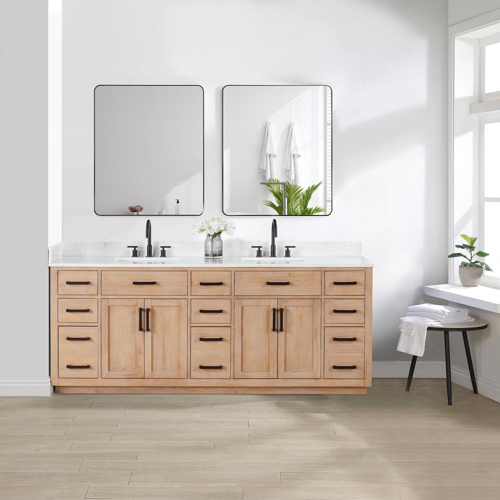 84" Double Bathroom Vanity in Light Brown with Mirror
